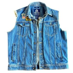 American Rag Mens XL Denim Vest Drag Racing Patch Distressed Cut Off Jean Jacket